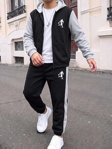 SHEIN 2件組兒童青少年男孩休閒運動寬鬆版型戶外全開襟連帽外套與慢跑長褲套裝，適合秋冬，休閒運動風 - 黑色 - 查看 5