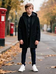 SHEIN 青少年男孩休閒學院風口袋中長版大衣，適合秋冬春季，適合戶外玩耍、學校、街頭風、派對與居家休閒，高 CP 值絎縫棉襖，填充大衣，冬季大衣 - 黑色 - 查看 1