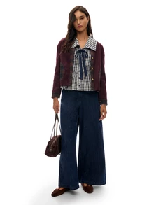 Nöista Blouse With Check Fabric, Tie On The Front In Contrast Blue Color, Balloon Sleeves And Peplum Shape, Perfect To Elevate Your Everyday  In Fall Winter - Royal Blue - View 4