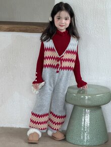 DAZY Young Girl) Colorblock Cute Autumn/Winter Sleeveless Long Sweater Pants - Grey - View 3