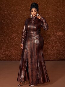 Maweii Plus Size Sexy Snake Print Long Sleeve Top And Front Slit Skirt 2 Pieces Set - Gold - View 5