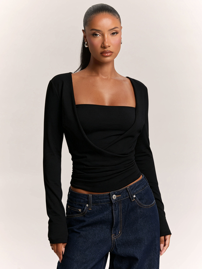 SHEIN BAE Grey Long Sleeve T-Shirt, Loose Neckline, Sexy Hot Girl Style, Comfortable Casual, Versatile Casual, Commute Comfortable, Campus Wear, Outing Top