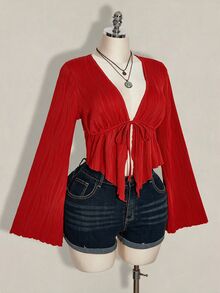SHEIN ICON Women's Plus Size Textured Front Tie Top - Red - View 4