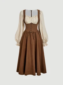 SHEIN MOD Women's 2 In 1 Ruched Waist Eyelet Tie Design Elegant Mid-Length Dress - Camel - View 1