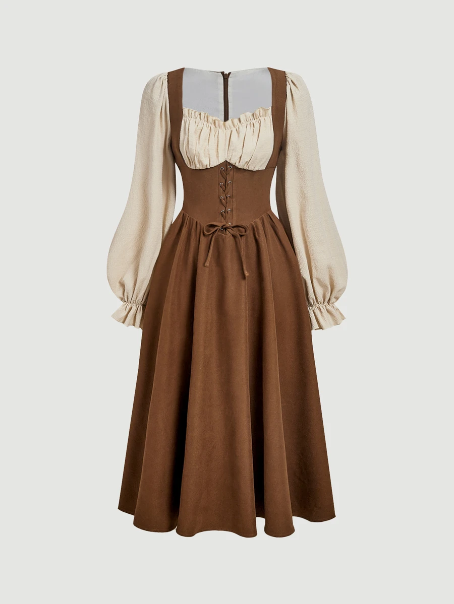 SHEIN MOD Women's 2 In 1 Ruched Waist Eyelet Tie Design Elegant Mid-Length Dress - Camel - View 1