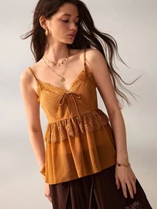 Willow Rêve Women's Amber Fitted Camisole Top, Floral Lace Patchwork, Front Tie And Ruffle Hem Design, Western Romantic Bohemian Pastoral Style, Suitable For Summer Vacation And Music Festival Wear - Yellow - View 4