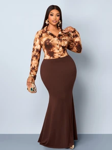 SOLERSUN Plus Size Elegant Party Tie-Dye Print Patchwork Mermaid Dress - Coffee Brown - View 6