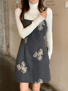 DAZY Women's Short Heavy Embroidery Wool Blend Spaghetti Strap Dress Fall - Grey - View 3