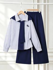 Tween Girl Knight Print Shirt And Solid Color Pants With Shawl Set,Fashion Academy, Suitable For Wearing In Various Occasions - Blue - View 3