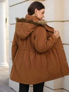 EMERY ROSE Mantel Musim Dingin Ukuran Besar Bergaya Modis dengan Kancing, Tali Serut, dan Bantalan, Cocok untuk Liburan, Jalan-jalan, Warna Cokelat Kasual Longgar - Coklat - View 2