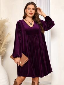 EMERY ROSE Plus Size Women's Autumn/Winter V-Neck Long Sleeve Velvet Lace Trim Patchwork Purple Dress Dinner Party Elegant Fall - Violet Purple - View 4