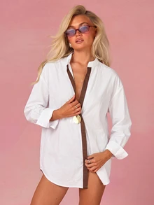 Athîral Women's White & Brown Patchwork Long Sleeve Shirt With Large Metal Cuff, Asymmetric Placket, Long Length, Striped - White - View 1