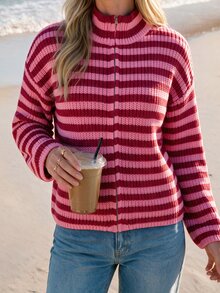 Sylviya Cardigan Rajut Wanita Kasual dengan Resleting dan Motif Garis-Garis Warna-warni - MultiWarna - View 5
