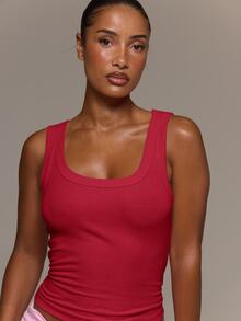 MUSERA ESSENTIALS Soft Rib Scoop Neck Fitted Longline Tank Vest Top Spring Summer - Red - View 2