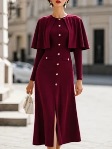 SHEIN Women's Elegant Button Shawl Collar Long Sleeve Dress - Burgundy - View 5