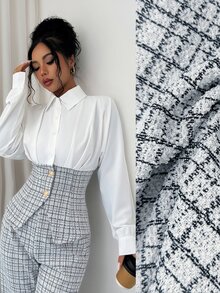 Elenzga Bộ 2 món công sở thanh lịch gồm áo sơ mi cài nút phối màu tương phản và quần dài chuyên nghiệp - Đen và trắng - Xem 1