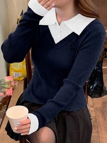 Dazy Plus College Style Color Block Patchwork Versatile Casual Spring/Autumn New Pullover Sweater - Navy Blue - View 6