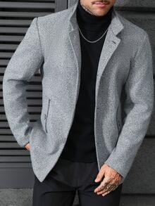 Manfinity CasualCool 男士立領中長版灰色單排扣羊毛大衣，休閒夾克，秋冬英式商務休閒通勤羊毛外套 - 灰色 - 查看 1