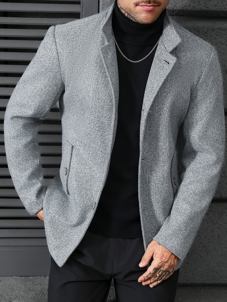 Manfinity CasualCool 男士立領中長版灰色單排扣羊毛大衣,休閒夾克,秋冬英式商務休閒通勤羊毛外套 - 灰色 - 查看 1