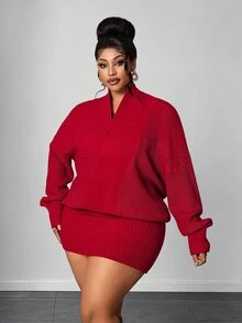 Maweii Plus Size Women's Bodycon Loose Slimming Deep V-Neck Knit Dress, Suitable For Autumn/Winter Innerwear And Outerwear - Red - View 3