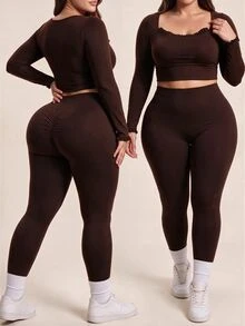 Gameset SHEIN Sport Women's Plus Size Solid Color Frill Trim Long Sleeve Casual Active Tropical Alternative Fitness Sports T-Shirt Gym Brown Autumn Fall - Coffee Brown - View 4