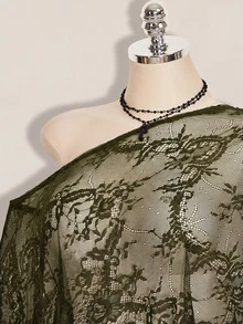 SHEIN ICON 女款大尺碼性感蕾絲單肩不對稱下擺罩衫上衣 - 軍綠色 - 查看 4