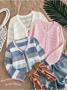 SHEIN Tween Girl Hollow Striped Colorful Knit Cardigan, Suitable For Home, Casual Outings, Beach Vacation, Gatherings And More, Comfortable Versatile Soft, Fall/Winter Outfits - Blue - View 5