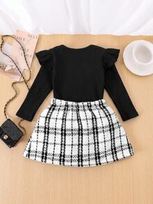 SHEIN Baby Girl Bow Decor T-Shirt And Tweed Skirt Set - Black - View 2