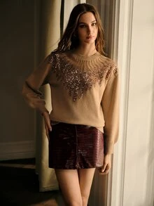 MOTF PREMIUM WOMEN'S PATCHWORK SEQUIN & BEADED DECOR DROP SHOULDER LOOSE LANTERN SLEEVE SWEATER - Khaki - View 4