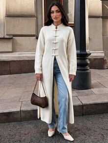 Elenzga Elegant Ru Yi Button Hem Side Slit Long Sleeve Cardigan For Women - Apricot - View 3