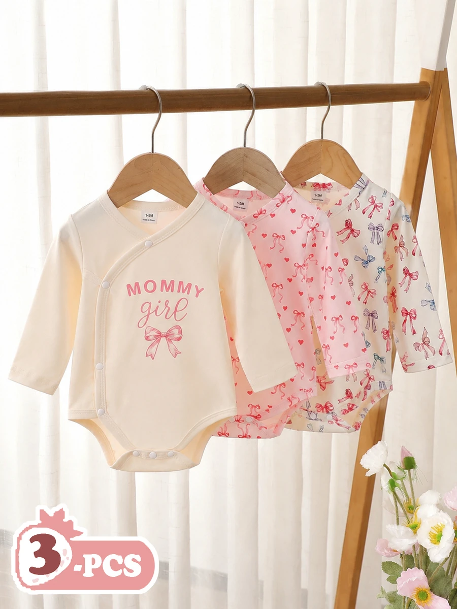 SHEIN Playful Pals 3件組新生女嬰秋季休閒長袖T恤蝴蝶結元素可愛連身衣 - 彩色 - 查看 1