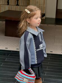 DAZY Infant/Toddler (Girl) Contrast Color Patchwork Casual Autumn/Winter Korean Style Long Sleeve Sweatshirt - Grey - View 5