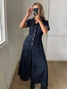 DAZY Women's Front Button Long Denim Dress - Blue - View 2