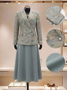 SHEIN Clasi Women's Vintage Jacquard Faux Pearl Button Long Sleeve Blazer - Cadet Blue - View 2