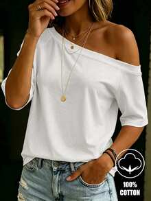 INAWLY Plus Size Solid Color Asymmetrical Shoulder Minimalist Top For Daily Wear - White - View 1