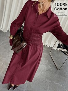 Siren Gaze 女款純色長袖腰部百褶單排扣休閒襯衫洋裝 酒紅/波爾多紅 - 酒紅色 - 查看 6