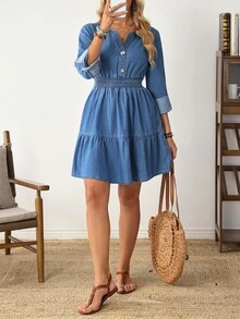 EMERY ROSE Women's V-Neck Pleated Casual Everyday Summer Denim Dress - Blue - View 6