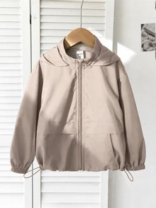 SHEIN 女童時尚休閒梭織前拉鍊背心，長袖秋冬上衣，返校季 - 卡其色 - 查看 4