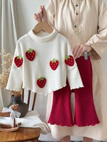 SHEIN 2pcs Multicolor Baby Girl Sweet Strawberry Embroidery Turtleneck Top Ruffle Flare Pants Set Fall - Red - View 3