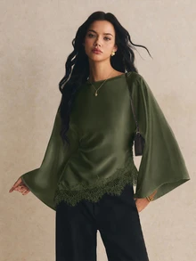 Poéselle 女款蕾絲拼接休閒百搭日常穿著襯衫 - 軍綠色 - 查看 6