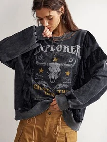 Bohemela Sweatshirt Lengan Panjang Wanita dengan Motif Huruf dan Patchwork Renda - Hitam - View 5