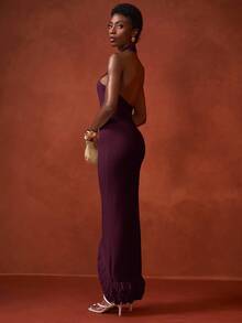 Zivah Women's Solid Color Fitted Elegant Halter Neck Knit Dress - Purple - View 2