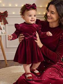 Baby Girl Baby Girl Casual Holiday Christmas Red Comfortable Velvet Long Sleeve Bow Ruffle Cute Autumn Winter Dress - Red - View 1