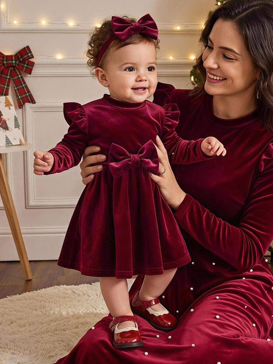 Baby Girl Baby Girl Casual Holiday Christmas Red Comfortable Velvet Long Sleeve Bow Ruffle Cute Autumn Winter Dress - Red - View 1