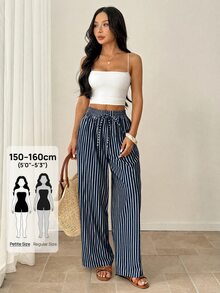 SHEIN PETITE Women's Casual Striped Pants, Clothing, Fall Wear Beach Blue White Stripe - Navy Blue - View 4