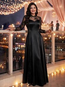 Auveirra Plus Size Women's Contrast Lace Long Sleeve Elegant Dress - Black - View 4