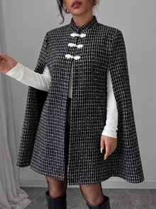 Elenzga Women New Chinese Style Stand Collar Frog Button Tweed Cape Coat, Black White Plaid Elegant Party Poncho Outerwear Autumn Winter - Black and White - View 4