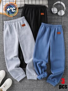 SHEIN 3件組兒童青少年男孩休閒百搭運動長褲，麻灰色、霧藍色、黑色，保暖內裡加厚，適合通勤、上學、日常休閒、外出、運動，秋冬款 - 彩色 - 查看 5