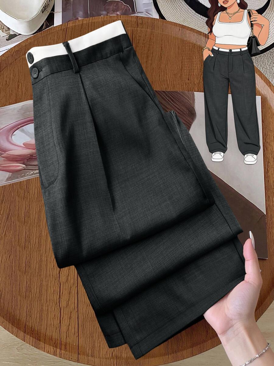 SHEIN Tall Celana Panjang Wanita Ukuran Besar dengan Pinggang Kontras dan Potongan Lurus - Dark Grey - View 1
