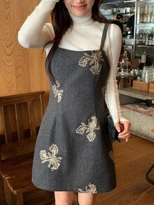 DAZY Women's Short Heavy Embroidery Wool Blend Spaghetti Strap Dress Fall - Grey - View 1